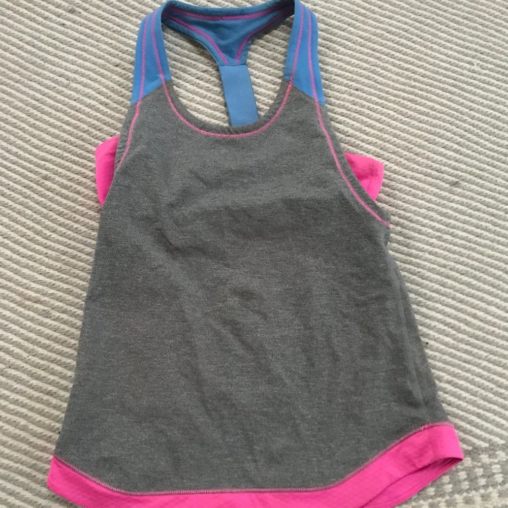 Ivviva girls athletic grey pink and blue tank top
